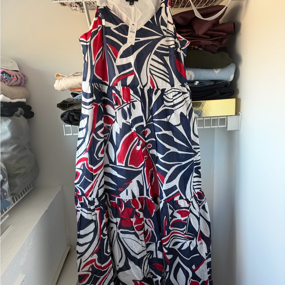 Talbots Red White and Blue Leaf Print Maxi Dress